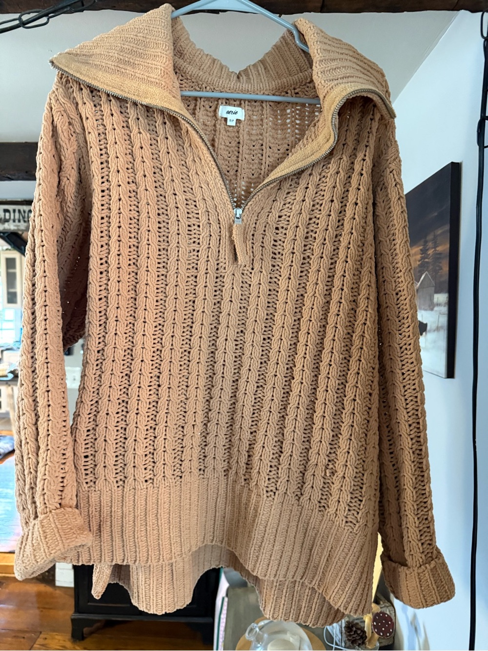 aerie Tan Crochet Half-Zip Cowl Sweater